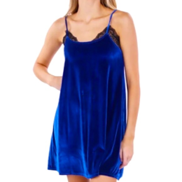 NWOT [Anthropologie] Royal Blue Velvety Spaghetti Strap Dress w/ Lace Size L - Picture 2 of 5